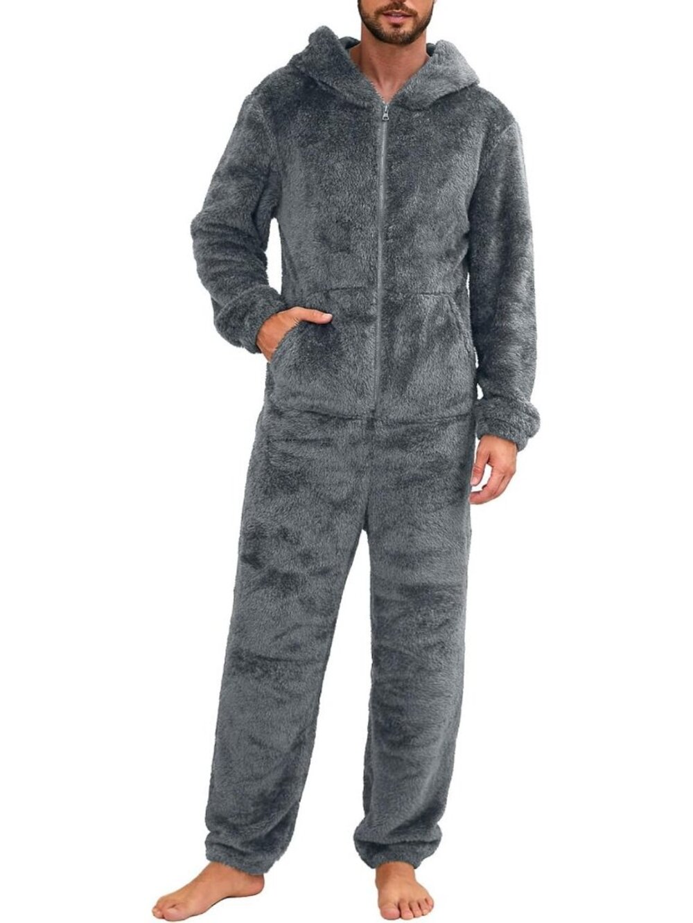 Cozy Hooded Fleece Onesie Pajamas for Men | Fuzzy Zip-Up One-Piece Sleepwear